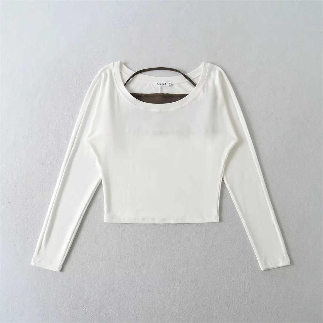 Two-Piece Set Sheer Sexy Crop Top Long Sleeve T-Shirt with Hanging Neck Bandage Tank Top