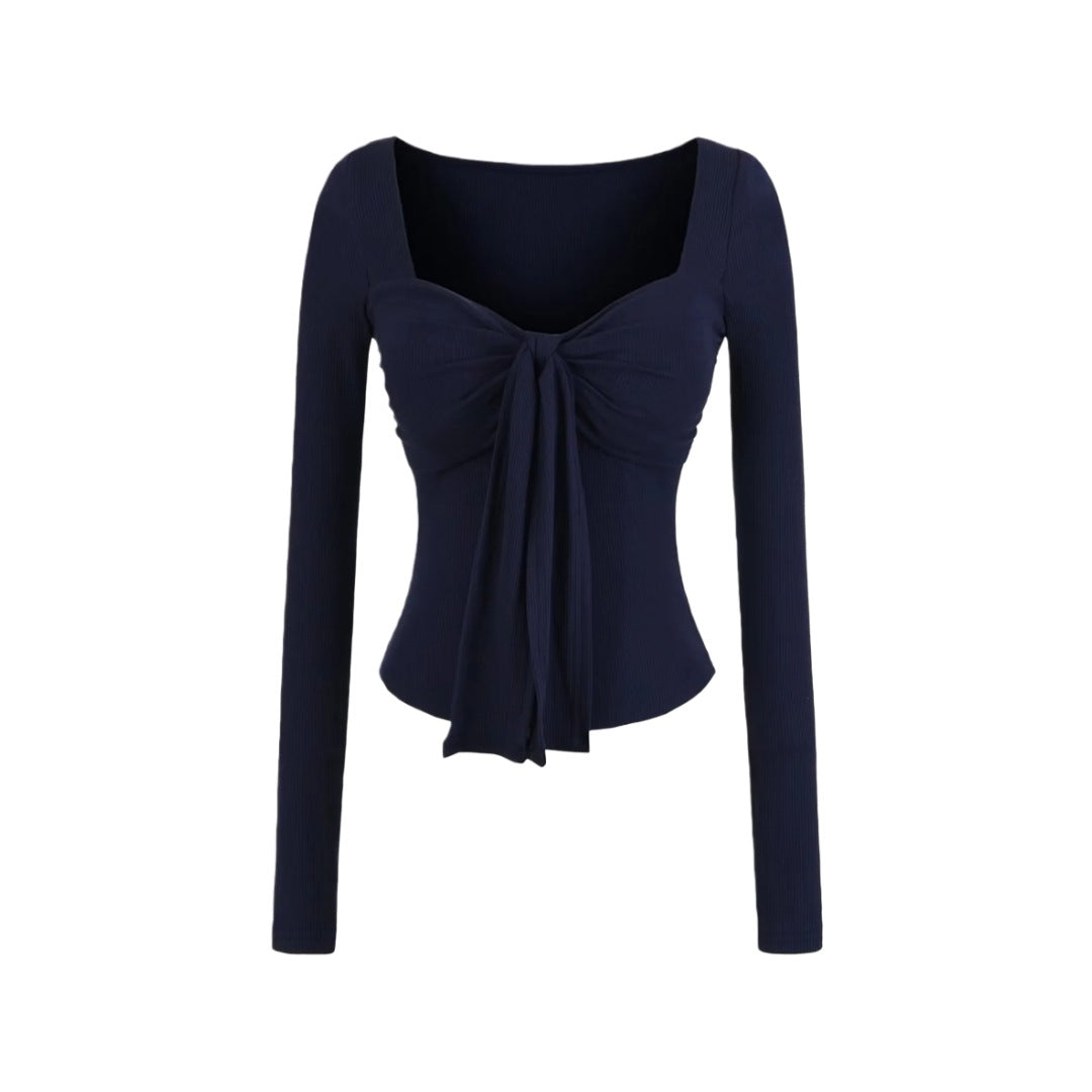 Sense Solid Color Padded Bow Knotted Long Sleeve T-Shirt Spring Sexy Crop Top with Ruched Fitted Design