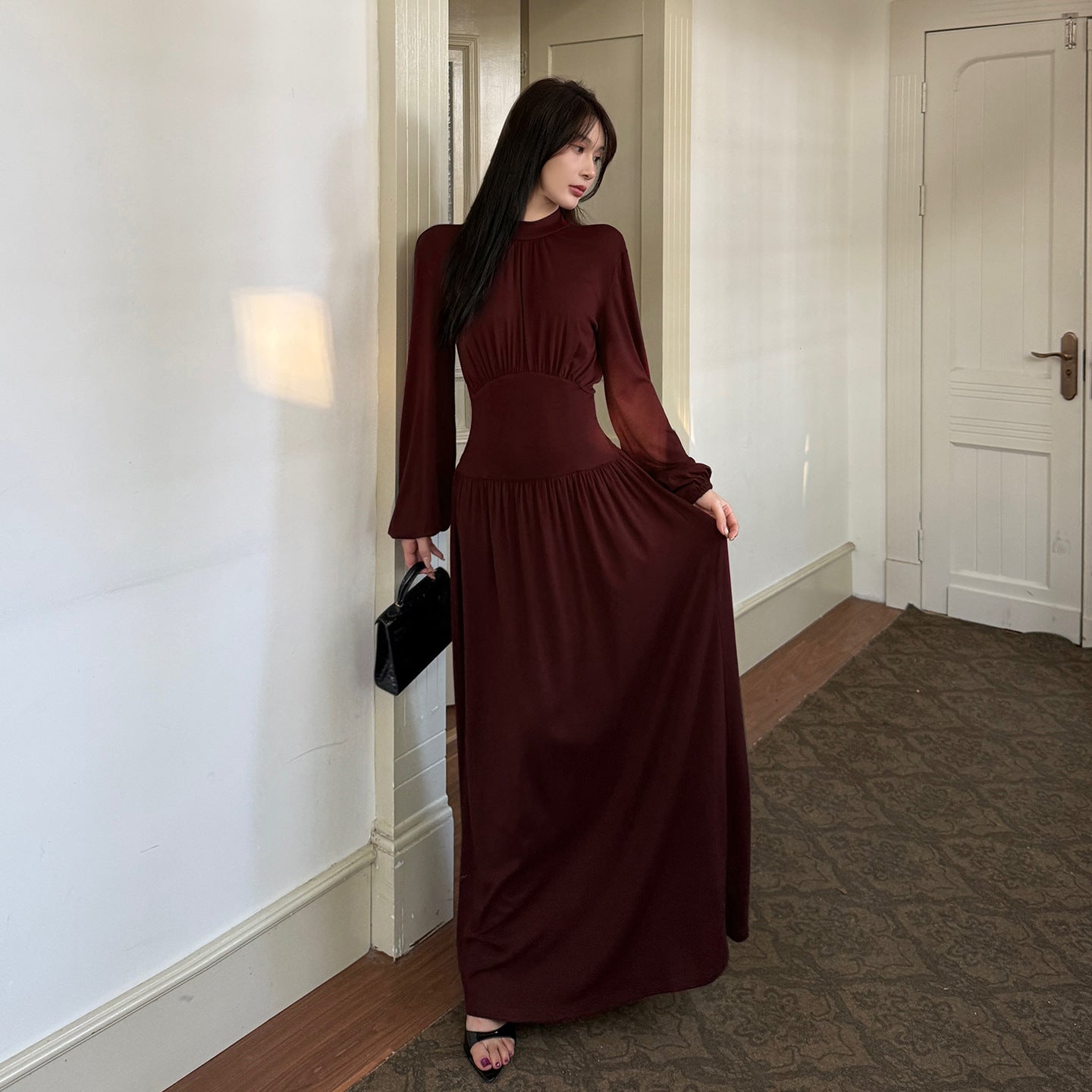 Half high collar waist cinched A-line dress