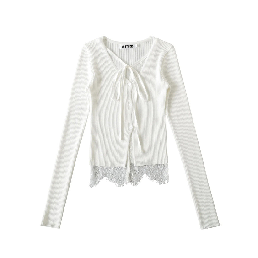 Two-Piece Lace Tie Knit Cardigan High-Waist Short Crop Long Sleeve Top Sweater