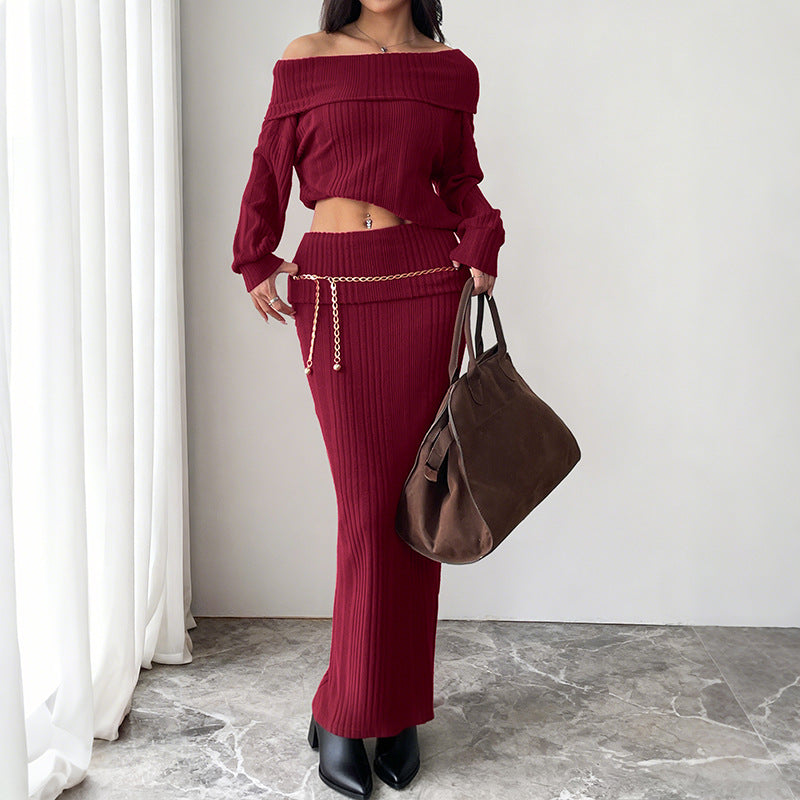 Warm One Shoulder Knitted Solid Color Set