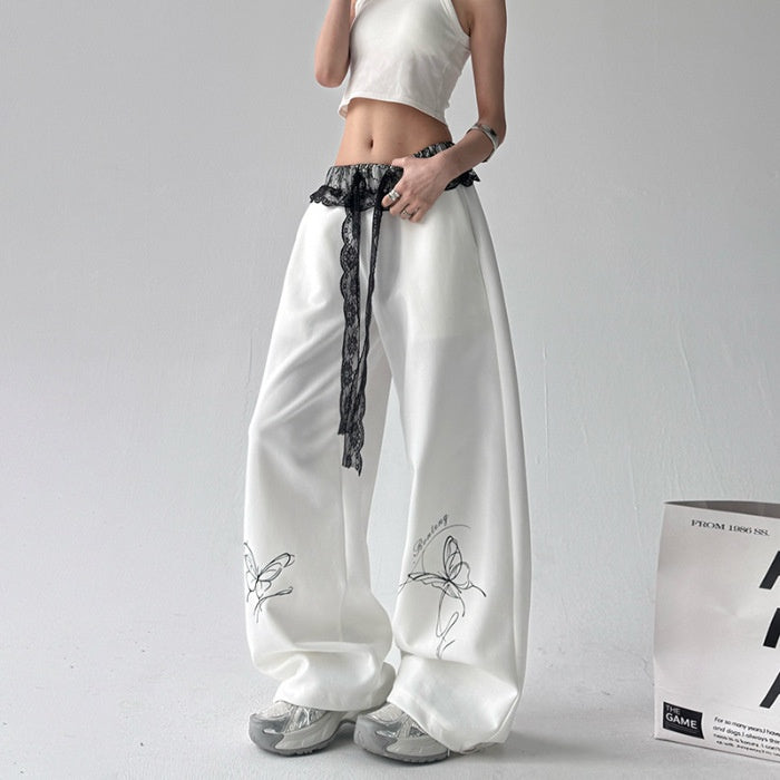 Street dance retro lace casual female jazz wide leg pants