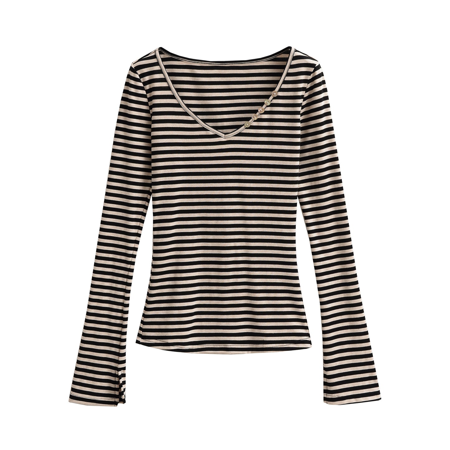 Tencel V-neck striped flared sleeve top for women