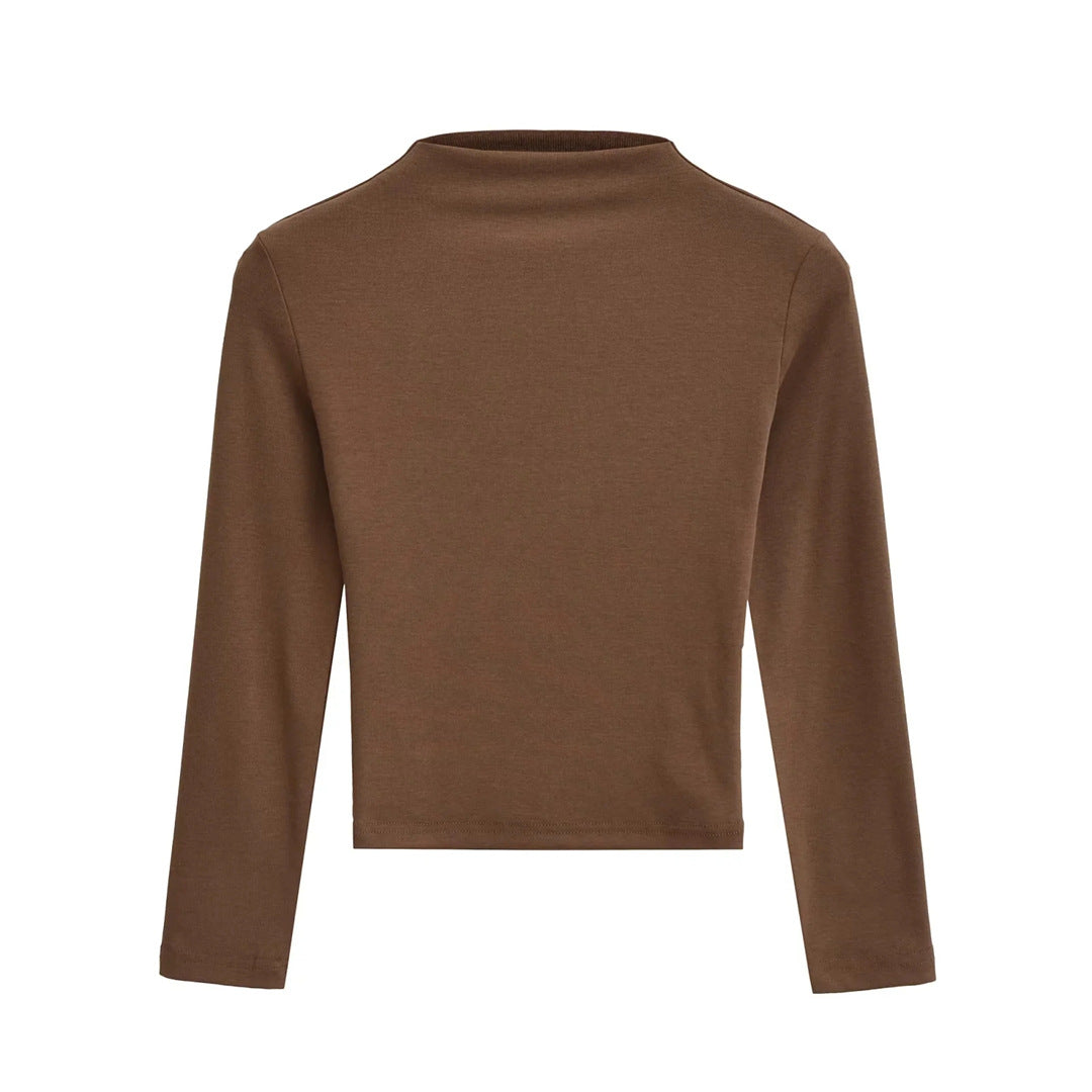 Style Semi-High Neck Sleeve Stretch Fitted T-Shirt for Women,Edgy Minimalist Solid Color Crop Top Underwear Shirt