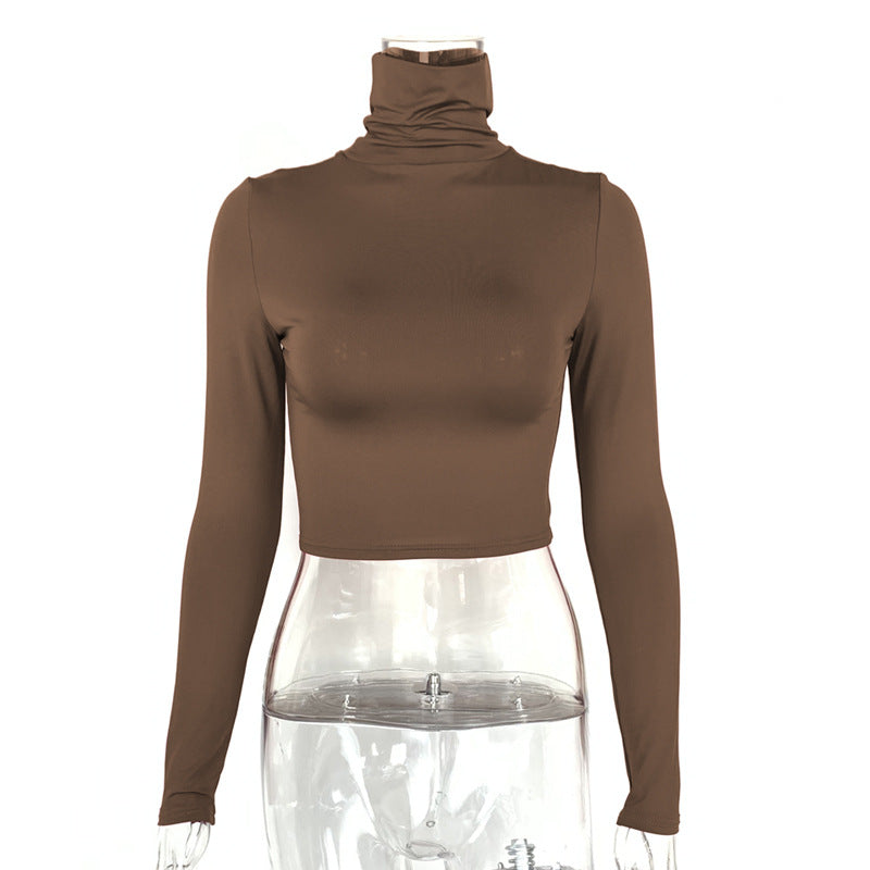 Women's slim fit crop exposed long sleeved high neck top