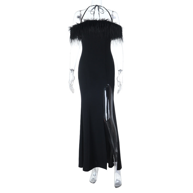 One shoulder sexy slit slim evening dress long skirt
