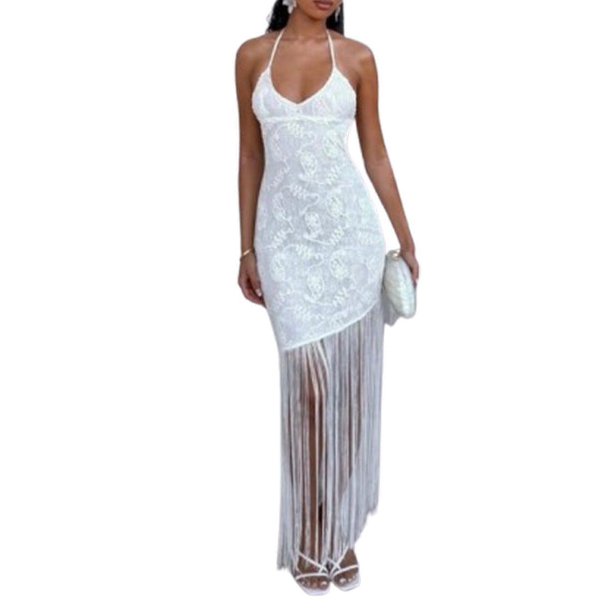Tassel Jacquard Hanging Neck Dress for Women
