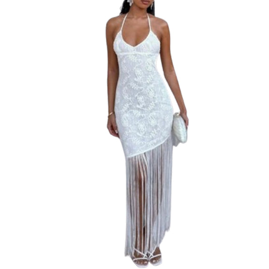 Tassel Jacquard Hanging Neck Dress for Women