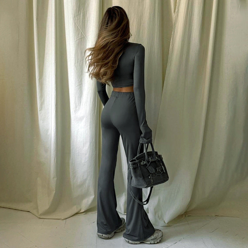 Autumn  Crew Neck Long Sleeve Crop Top with High Waist Flared Pants