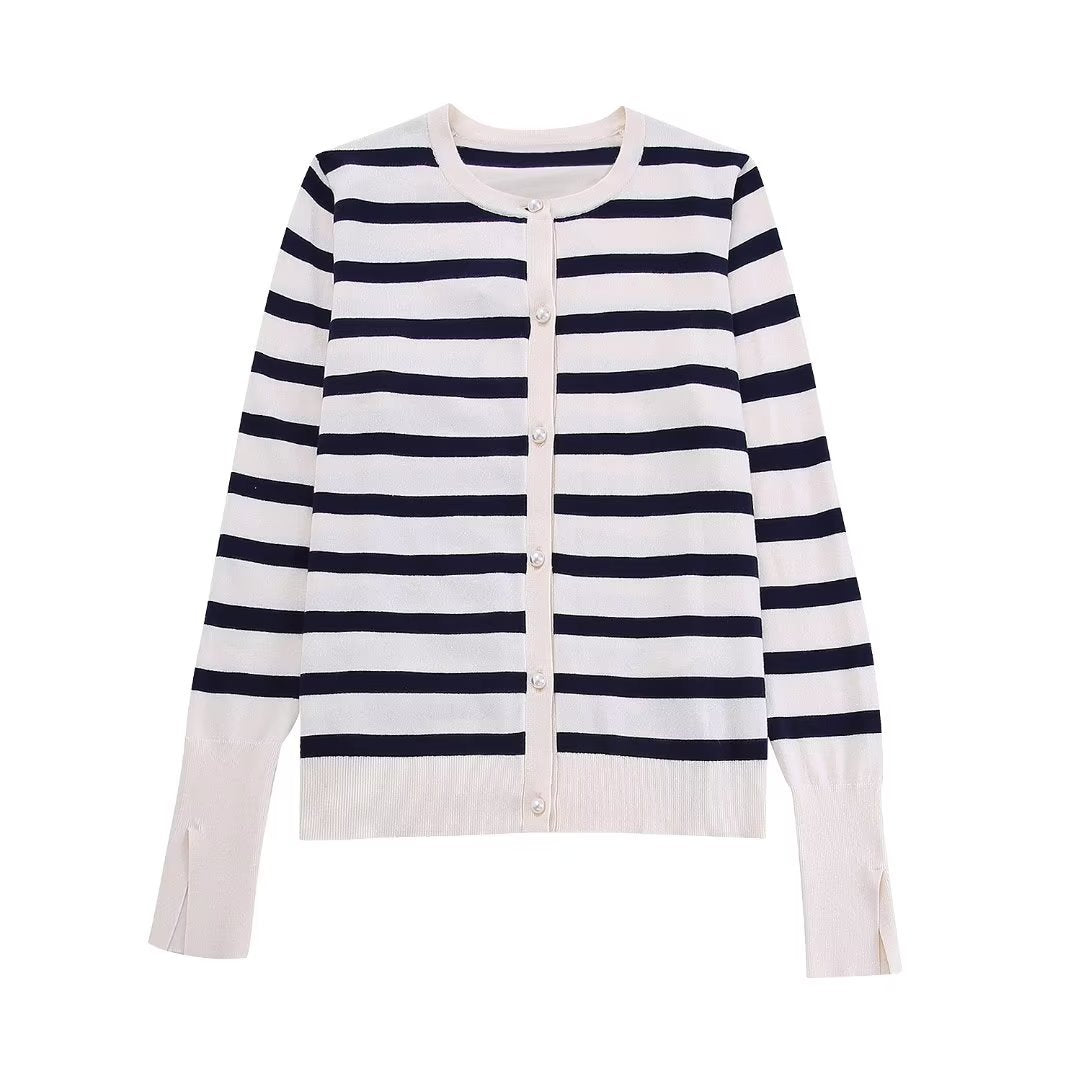 Fashion Striped Knitted Women Cardigan Wrist Sleeve O Neck Slim Sweater Female Crop Top  Autumn