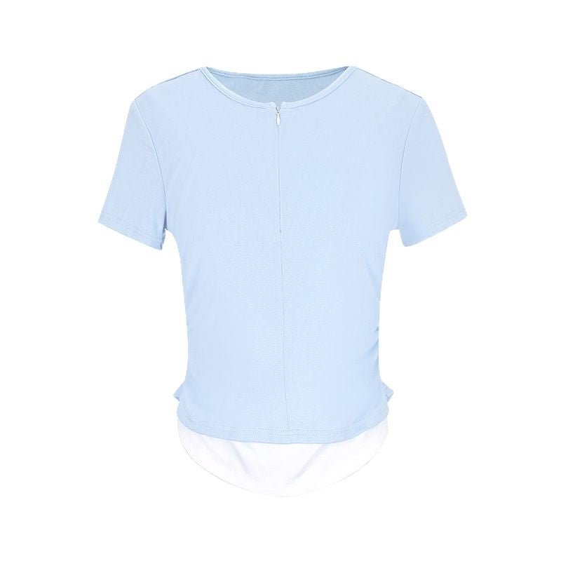 Short Sleeve T-Shirt Zipper Pleated Waist Slimming Crop Top