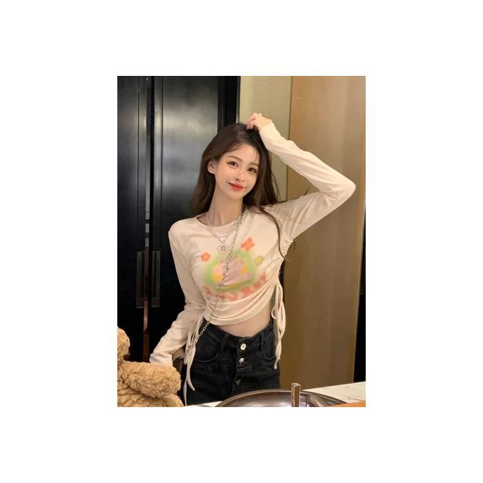 Cute Bear Print Long Sleeve T-Shirt for Women, Fitted Slim Fit Crop Top