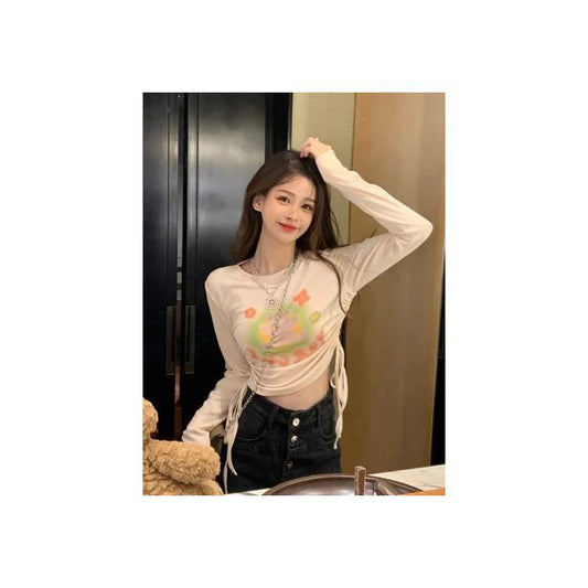 Cute Bear Print Long Sleeve T-Shirt for Women, Fitted Slim Fit Crop Top