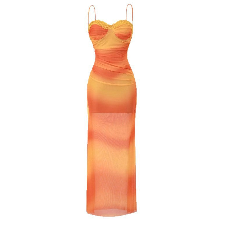Wrinkle and Dyeing Printed Mesh Dress