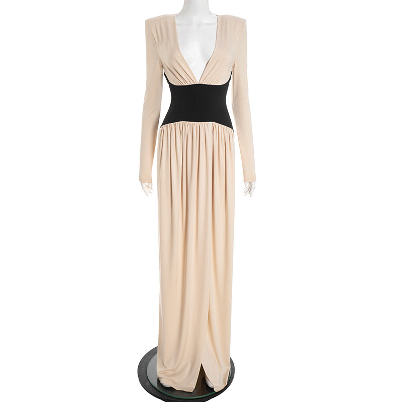 Women's Simple Long Sleeve Color-Blocking Spliced High-Slit Maxi Dress