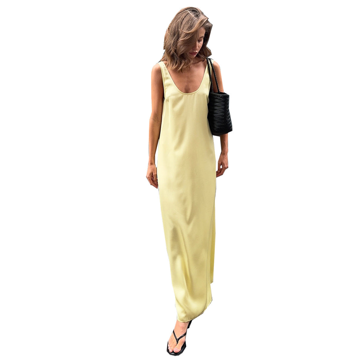 Casual sleeveless elastic satin dress for women