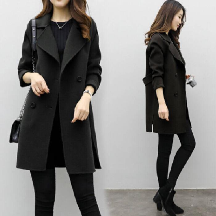 Classic Double-Breasted Wool Coat for Women, Mid-Length Silhouette, Loose Fit, Slimming Design