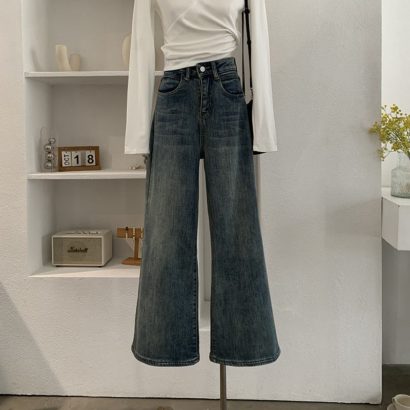 High-Waisted Loose Straight Leg Jeans for Women with Fleece Lining, Casual and Slim-Fitting Long Pants