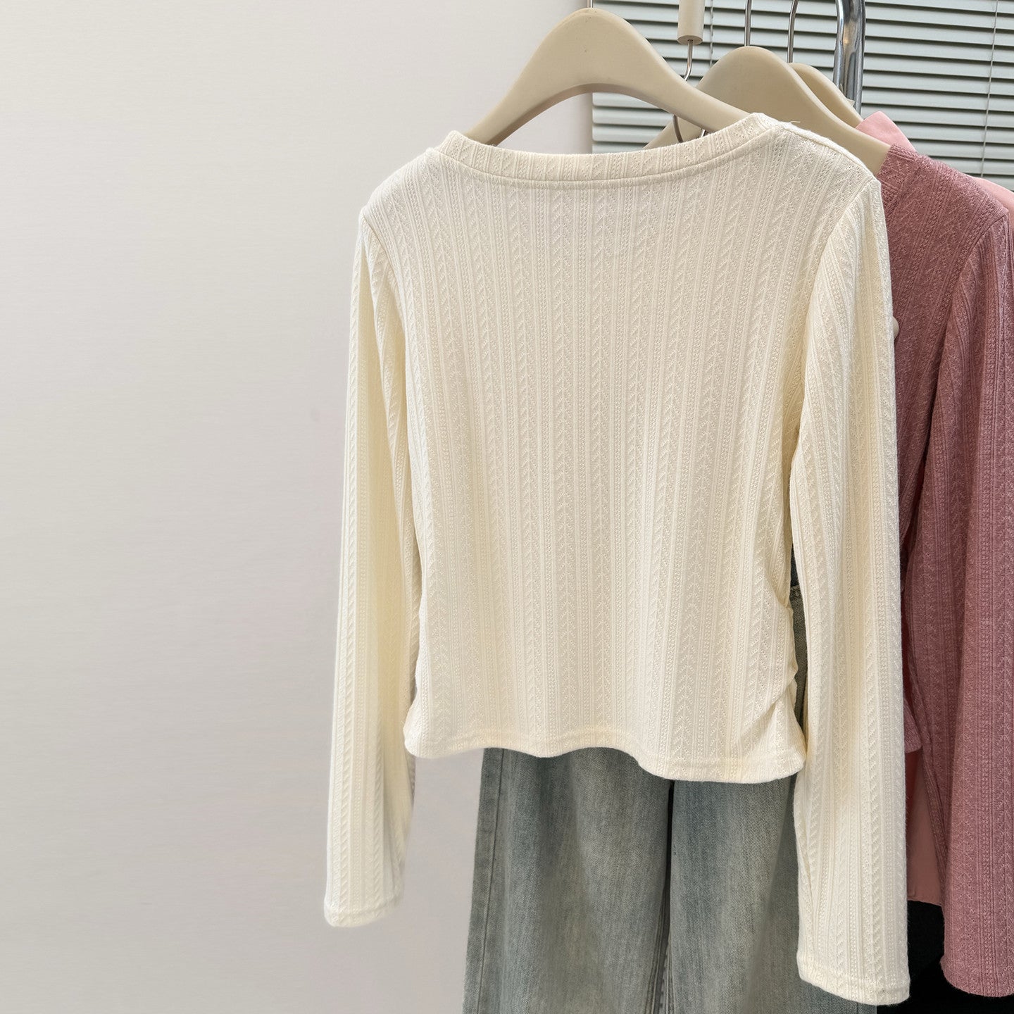 Solid Color Sweet &amp Spicy Pleated Fitted Long Sleeve T-Shirt for Women, Early Autumn Slim Fit Korean Style Crop Top