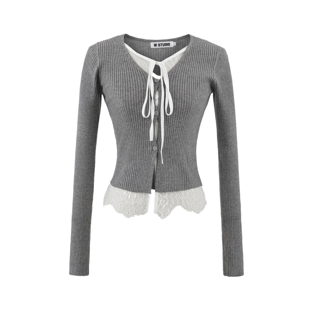 Two-Piece Lace Tie Knit Cardigan High-Waist Short Crop Long Sleeve Top Sweater