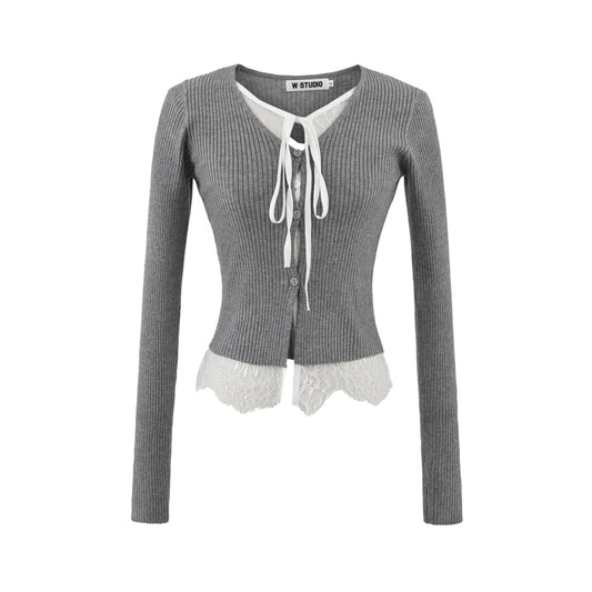 Two-Piece Lace Tie Knit Cardigan High-Waist Short Crop Long Sleeve Top Sweater