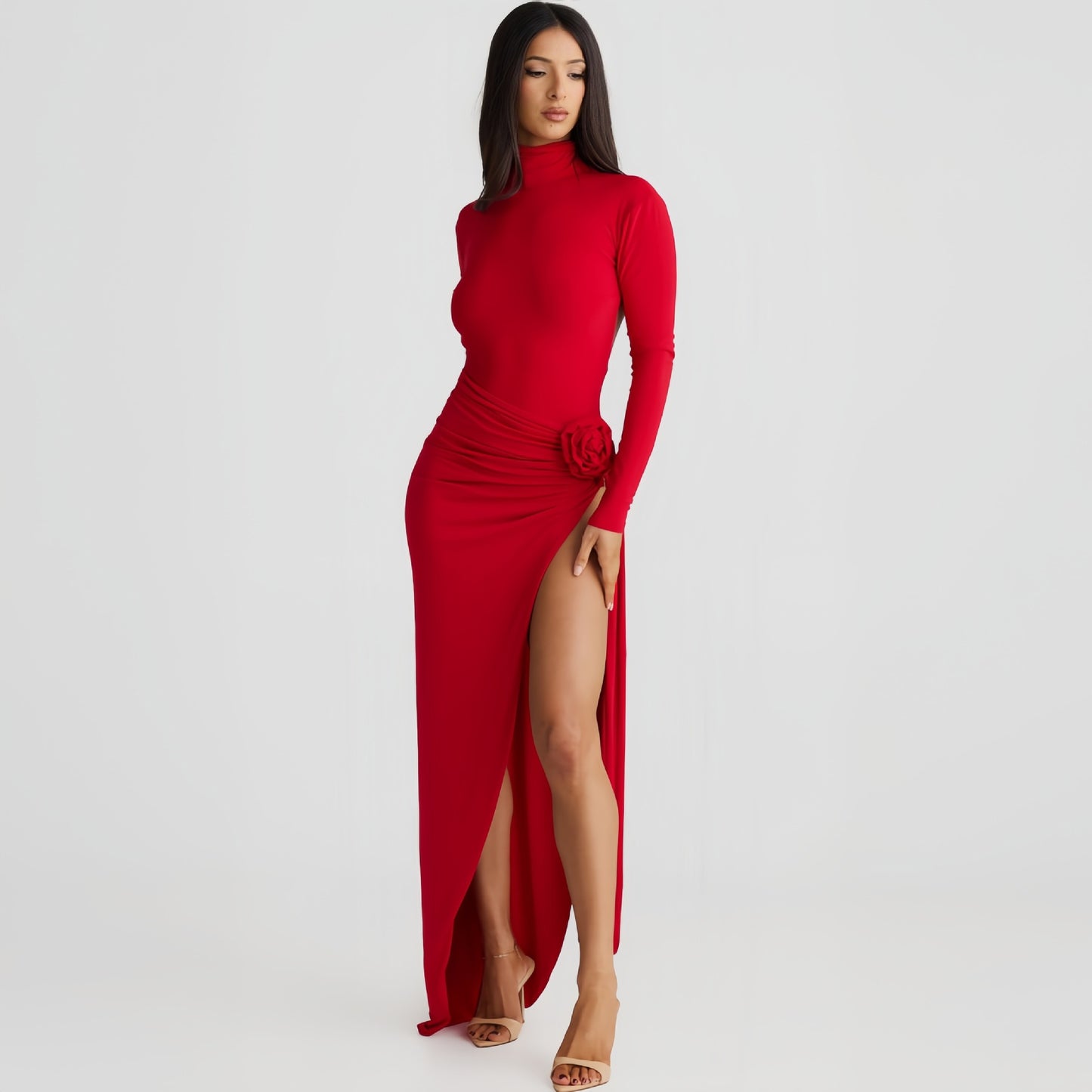 High neck backless long sleeved jumpsuit with sexy slit skirt set
