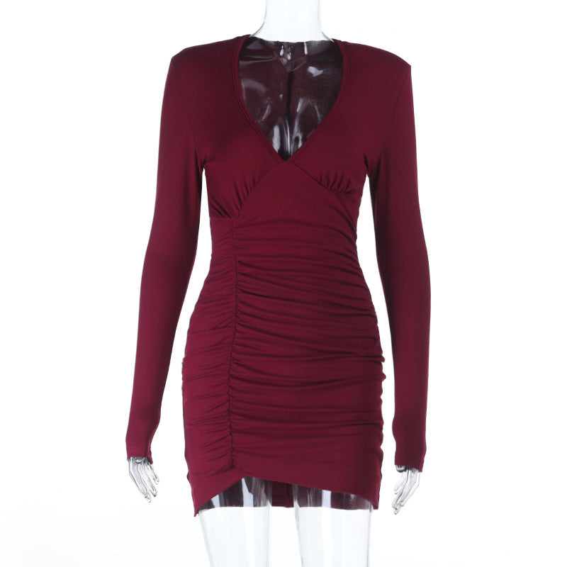 V-neck pleated long sleeved dress for women