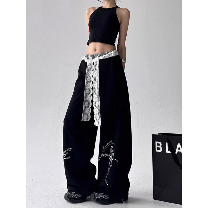 Street dance retro lace casual female jazz wide leg pants