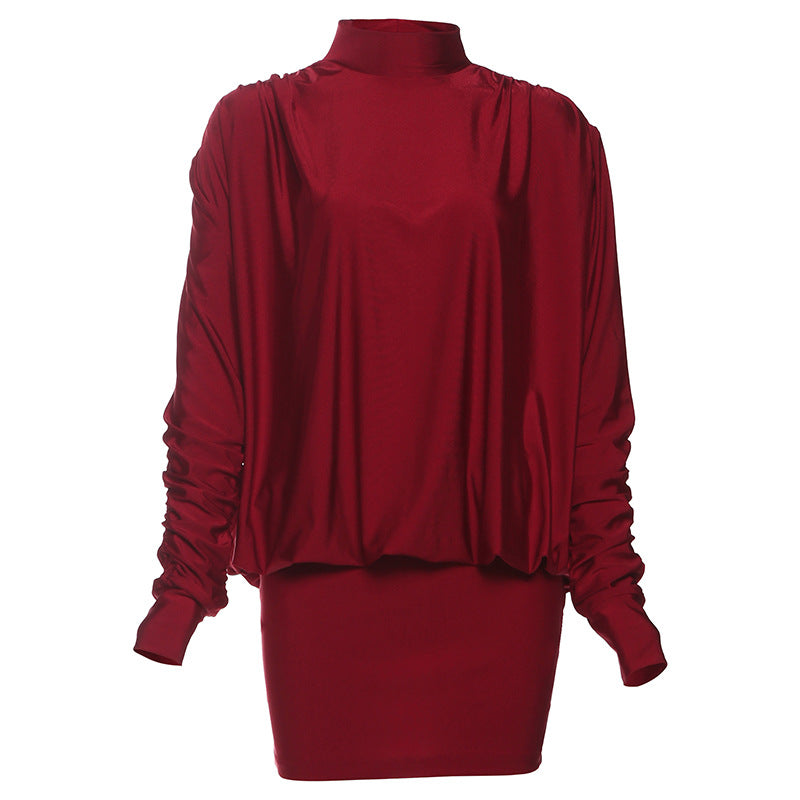 Backless high neck solid color slim fit waist hugging long sleeved dress