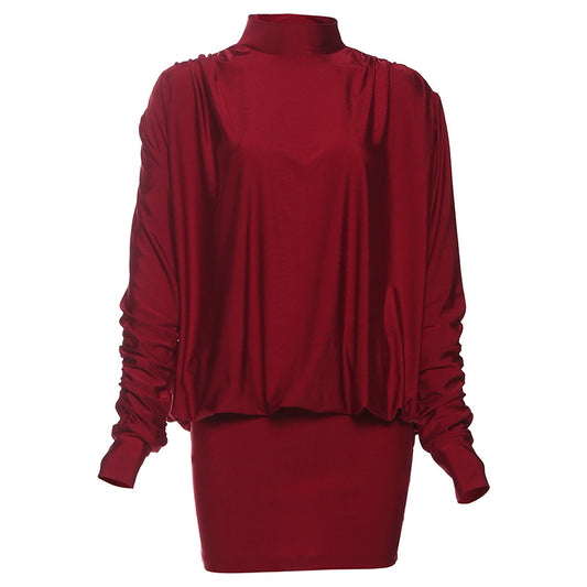Backless high neck solid color slim fit waist hugging long sleeved dress