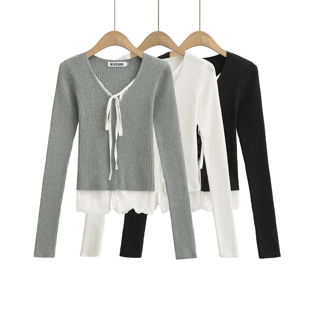 Two-Piece Lace Tie Knit Cardigan High-Waist Short Crop Long Sleeve Top Sweater