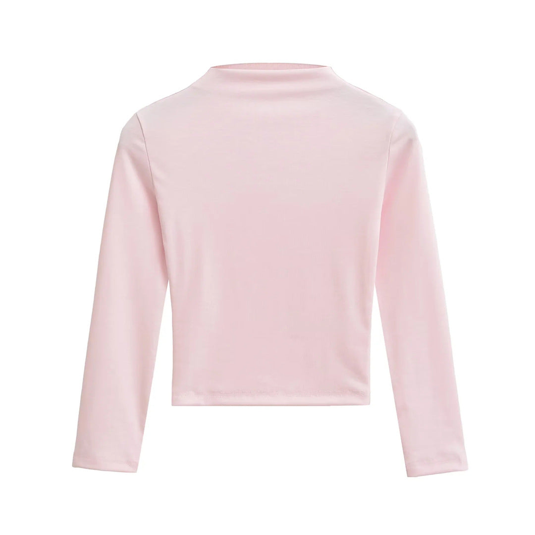 Style Semi-High Neck Sleeve Stretch Fitted T-Shirt for Women,Edgy Minimalist Solid Color Crop Top Underwear Shirt