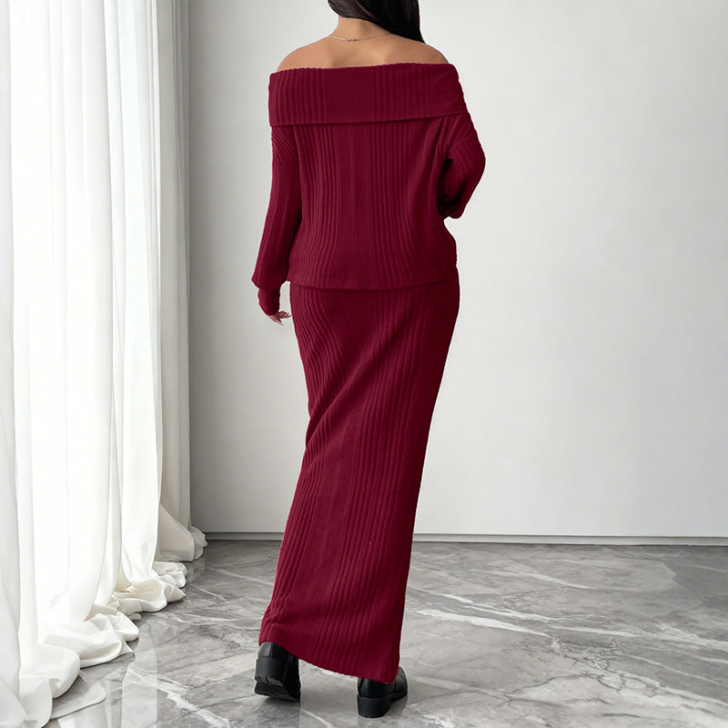 Warm One Shoulder Knitted Solid Color Set