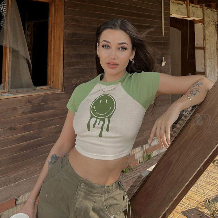 Women's Short Crop Top Belly Show Smiling Face Print Spicy Girl Short Sleeve Spring