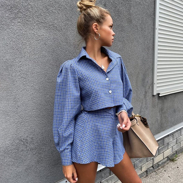 Slim Print Two Piece Set Women Outfit Fashion Long Sleeve Crop Shirt With High Waist Wide Shorts Set Female