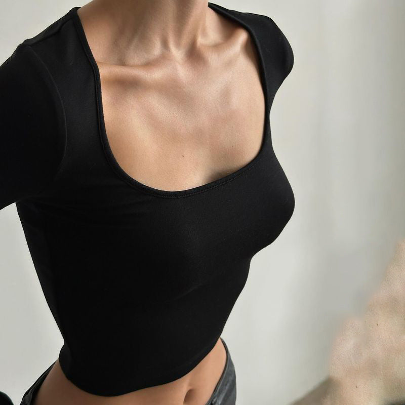 Round Neck Long Sleeve Fitted Crop Top T-Shirt
