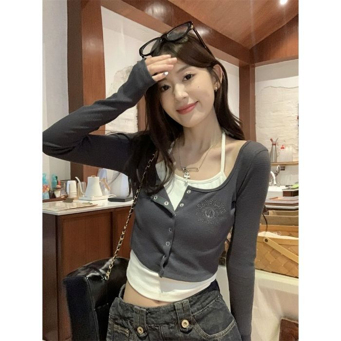 Chic False Two-Piece Crop Top for Women, Long Sleeve, Slim Fit, Bodycon, Short Length T-Shirt