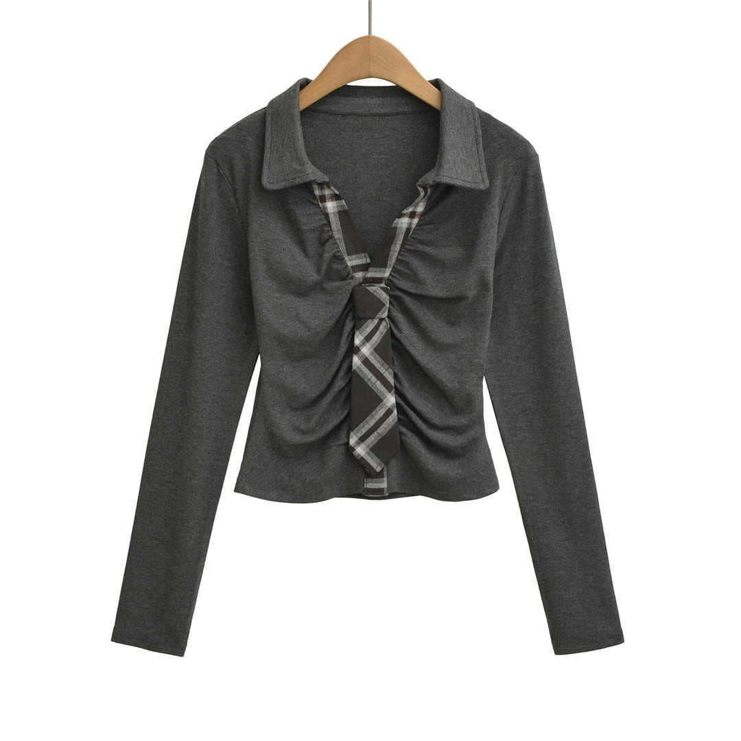 Chic Two-Piece Color-Blocked Plaid Stretch Fitted T-Shirt for Women, Turn-Down Collar, Pleated High-Waisted Cropped Crop Top with Long Sleeve
