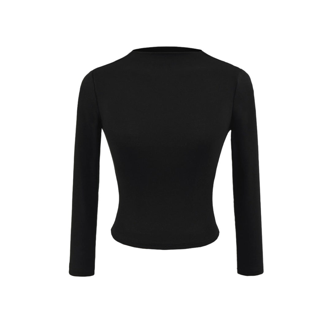 Style Semi-High Neck Sleeve Stretch Fitted T-Shirt for Women,Edgy Minimalist Solid Color Crop Top Underwear Shirt