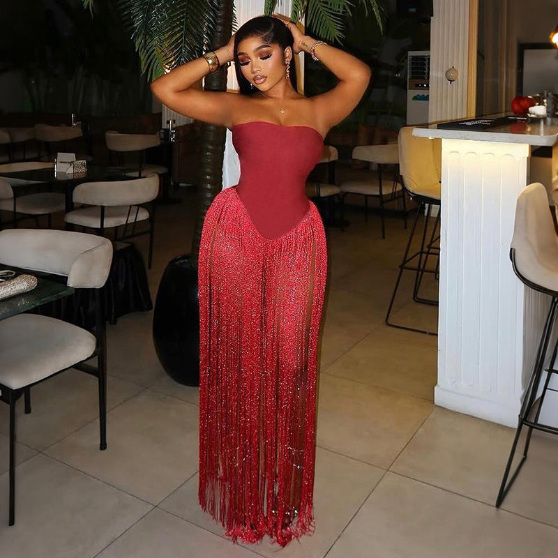 Backless high waisted slim fit strapless fringe jumpsuit