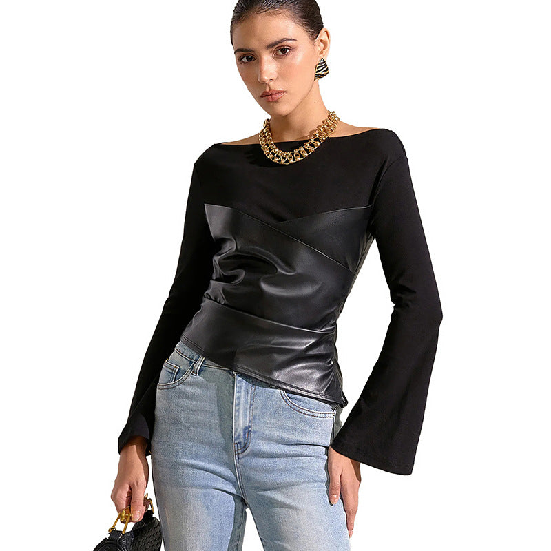 Women's Autumn New Round Neck Knit Crop Top with Gathered Leather Splicing Flared Sleeve