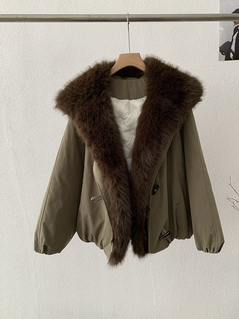 Detachable Faux Fox Fur Turn-Down Collar Loose Thick Long Sleeve Parka Coat Top Fashion