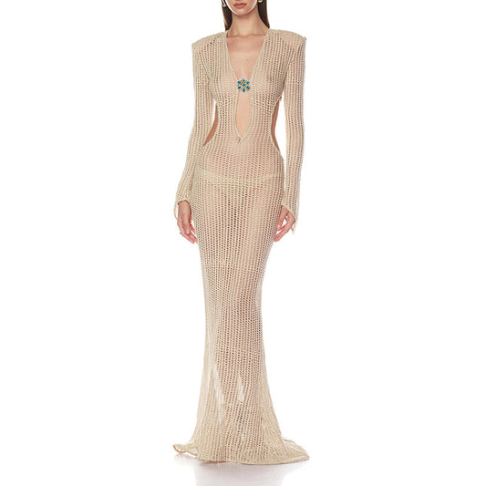 Fashion Sexy Cover-Up Long Dress for Women, Deep V-Neck Elegant Hollow-Out Waist-Baring Long Sleeve Dress