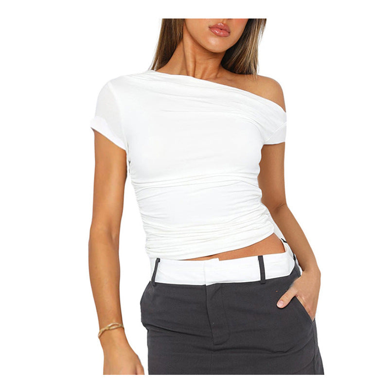 Women's Clothing New Pure Color Off-the-Shoulder Short Sleeve Shirred Crop Top T-Shirt