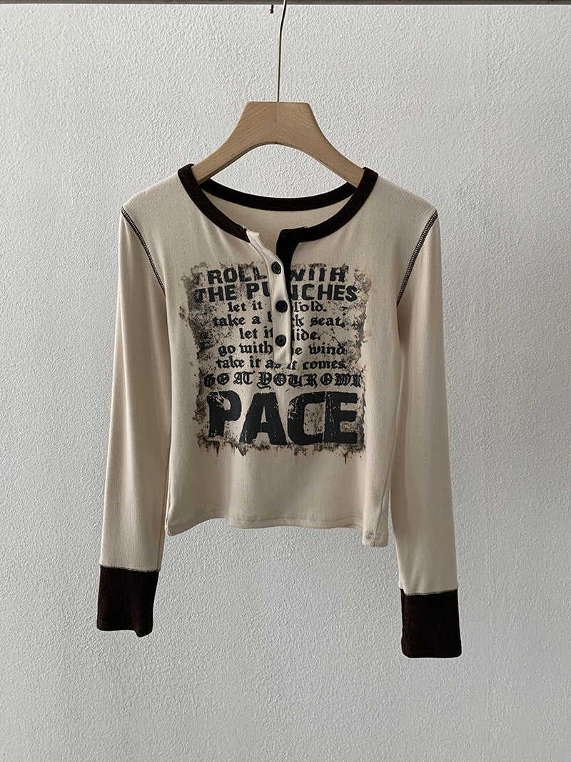 Fleece-Lined Letter Print Color-Blocked Long Sleeve Crewneck Top for Women Fashionable Versatile Casual Slim-Fit Upperwear