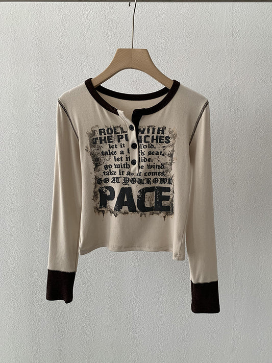 Fleece-Lined Letter Print Color-Blocked Long Sleeve Crewneck Top for Women Fashionable Versatile Casual Slim-Fit Upperwear