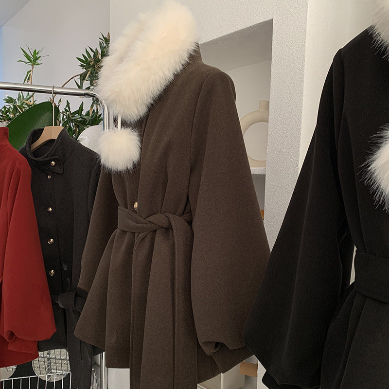 Belted closure Style Stand-Up Collar Wool Coat with Belted Waist, A-Line Mid-Length Tassel Sleeve for Women