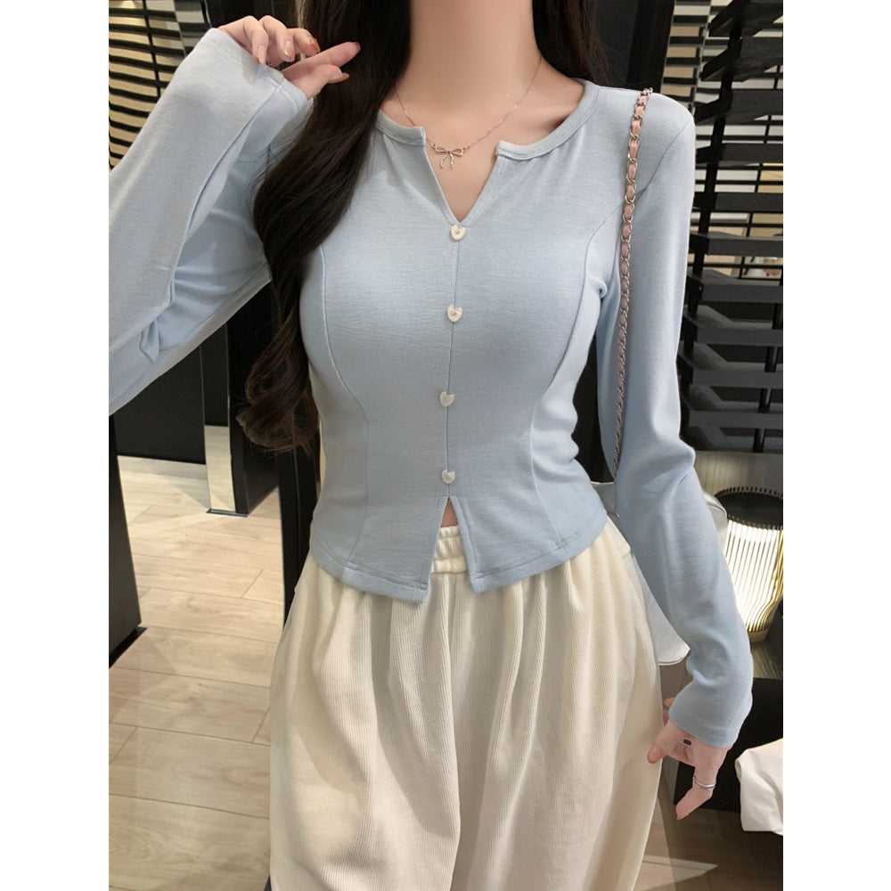 American Style Short Crop Open Front Long Sleeve T-Shirt for WomenStyle Slim Fit Base Layer Velvet V-Neck Top