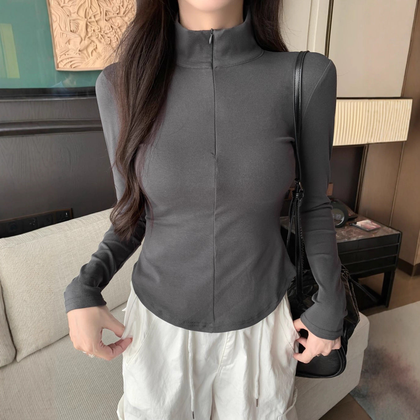 Solid Color High Neck Long Sleeve T-Shirt for Women Fleece-Lined Warm Inner Wear Slim Fit Crop Top