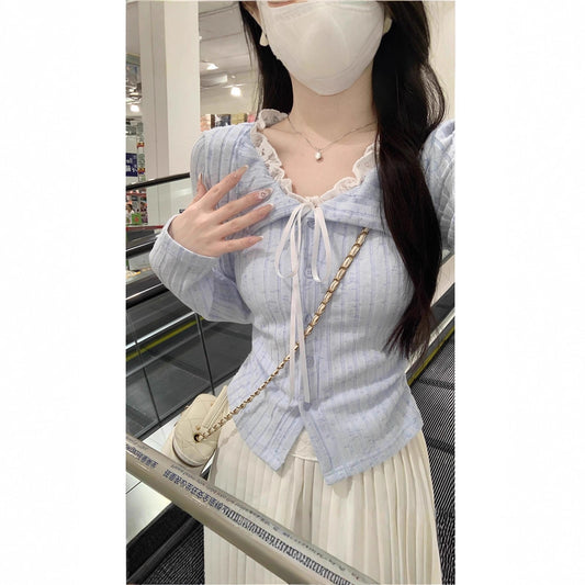 Sexy Blue Lace False Two-Piece Long Sleeve T-Shirt for Women, Basic Crop Top